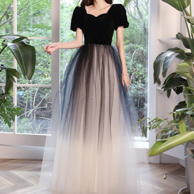 LEFFA - Puff-Sleeve Ombre Mesh A-Line Evening Gown | YesStyle LEFFA - Puff-Sleeve Ombre Mesh A-Line Evening Gown | YesStyle