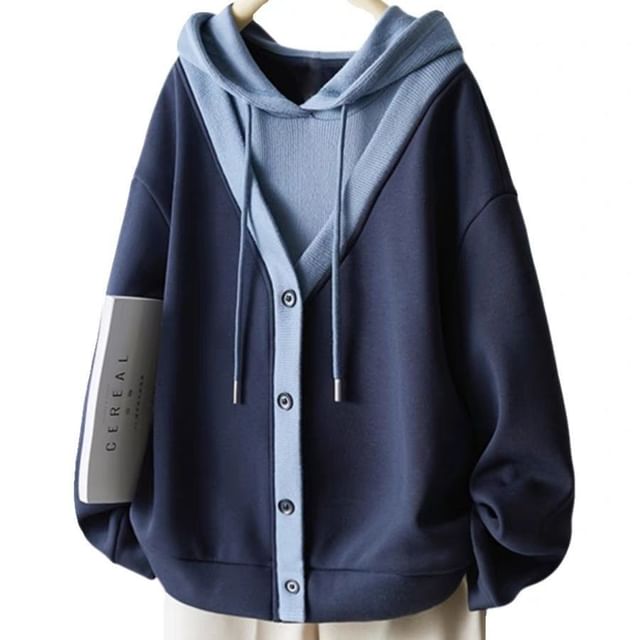 INEN-Drawstring Mock Two Piece Button Down Hoodie