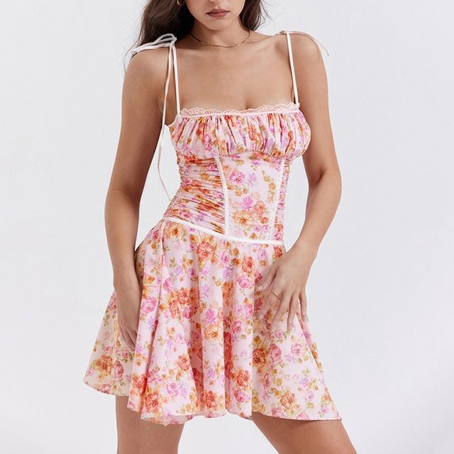 Alizio - Spaghetti Strap Lace-Trim Floral Print Slim-Fit Mini A-Line Dress  | YesStyle
