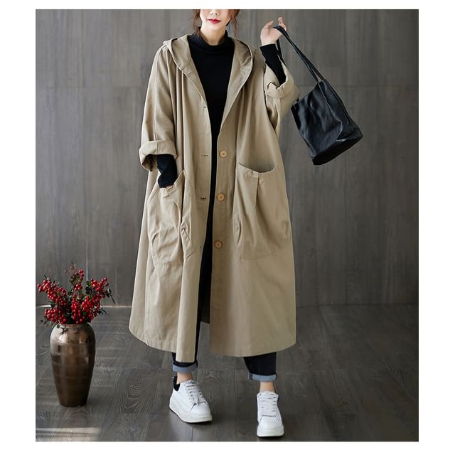 MIKIGA-Plain Hooded Button-Up Long Trench Coat