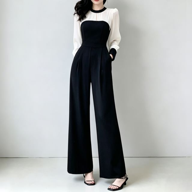 Odestra-Long-Sleeve Crew Neck Two Tone Jumpsuit