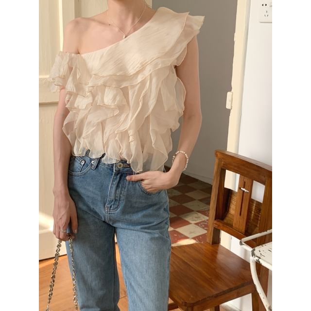 ANORA-One-Shoulder Plain Ruffle Cropped Blouse