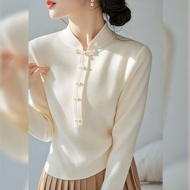 Dragan Pulse-Long-Sleeve Stand Collar Plain Frog Buttoned Slim Fit Knit Top