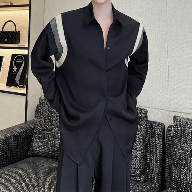 Adothuiastic-Long-Sleeve Color Block Button-Up Shirt