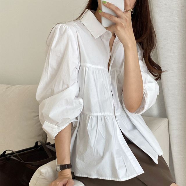 Everose-34-Sleeve Tiered Button-Up Blouse