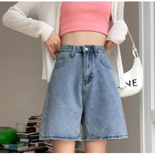 Maisee-High Waist Washed Denim Shorts