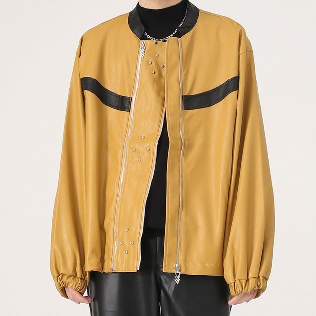 FAERIS-Two Tone Studded Faux Leather Zip Jacket
