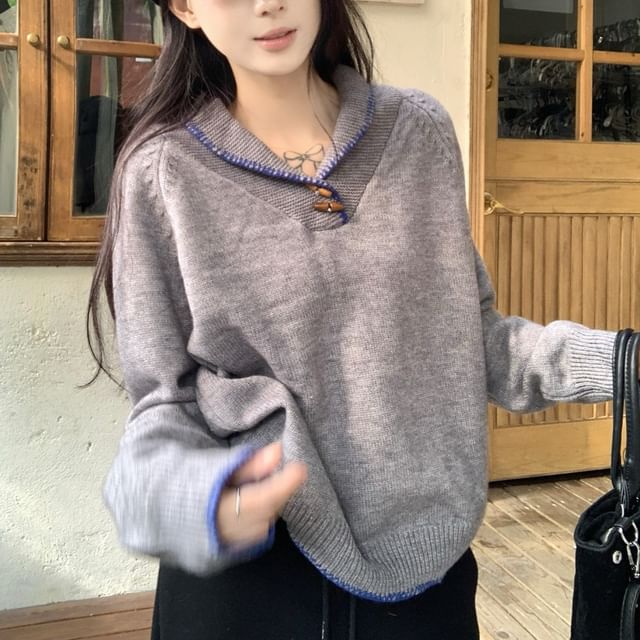 Beem-V-Neck Contrast Trim Toggle Oversized Sweater