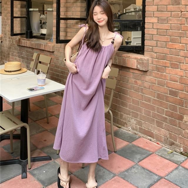 Odestra-Spaghetti Strap Plain Beaded Maxi Sundress
