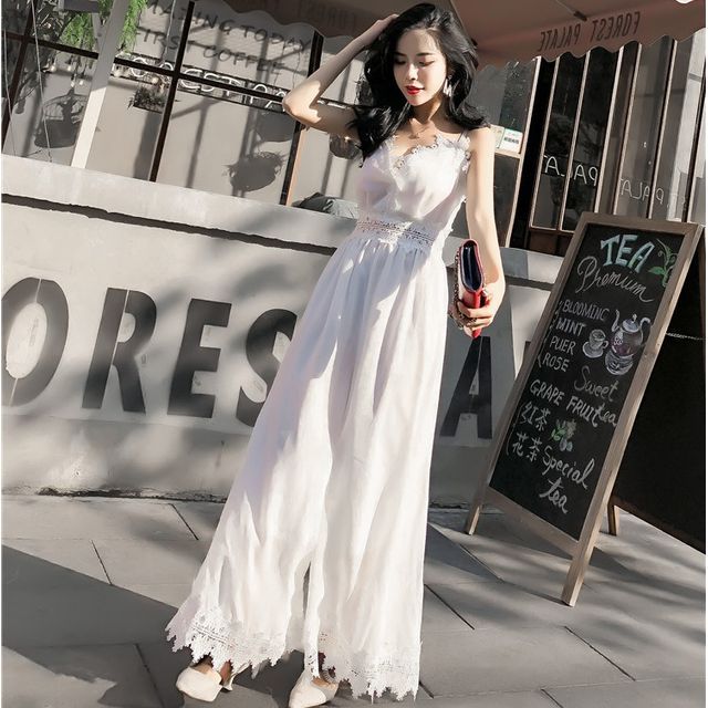 Lydiah - Lace Trim Spaghetti Strap Maxi A-Line Dress / Wide-Leg Jumper Pants  | YesStyle