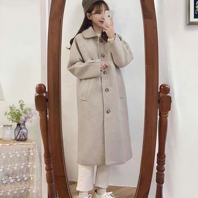 INEN-Collared Plain Single Breasted Long Coat