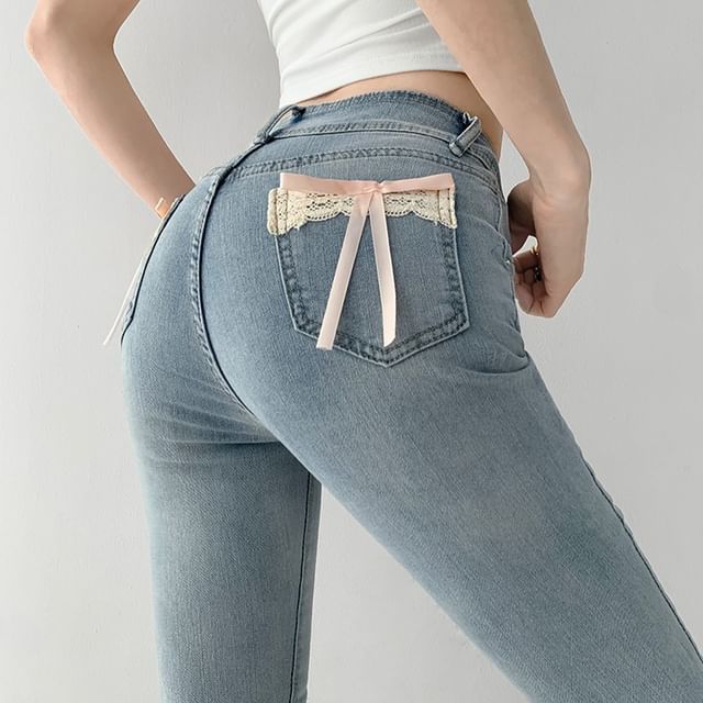 Shira - Lace Ribbon-Accent High-Rise Flared Jeans | YesStyle