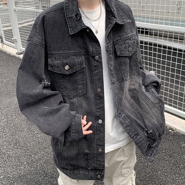 Antaeus-Collared Washed Distressed Button-Up Denim Jacket