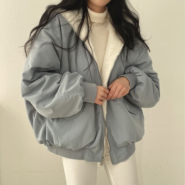 Janerium - Hooded Fluffy Oversized Zip Jacket | YesStyle