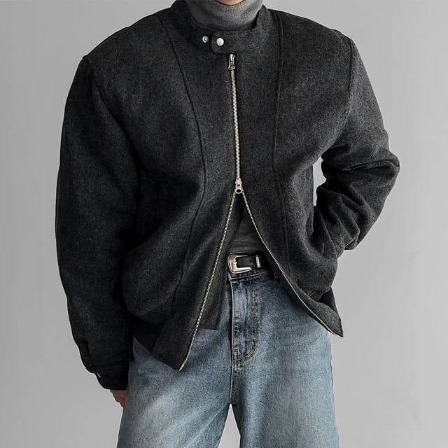mopagrati-Stand Collar Plain Zip-Up Jacket
