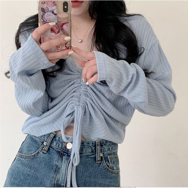 Glotto-Plain Ruched Drawstring Long-Sleeve Crop Top