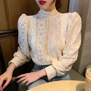 Mock-Turtleneck Lantern-Sleeve Lace 