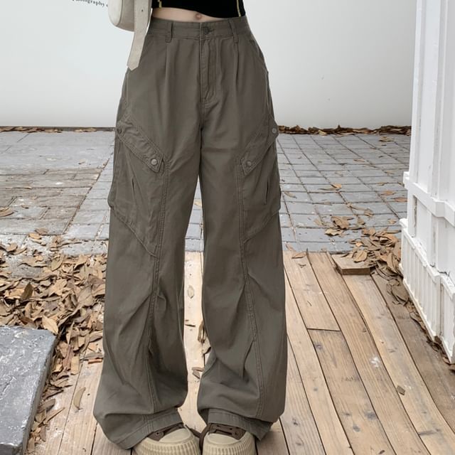 Beem-Mid Waist Plain Ruched Baggy Cargo Pants