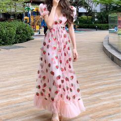 Shinobu - Strawberry Short-Sleeve Midi A-line Dress Shinobu - Strawberry Short-Sleeve Midi A-line Dress