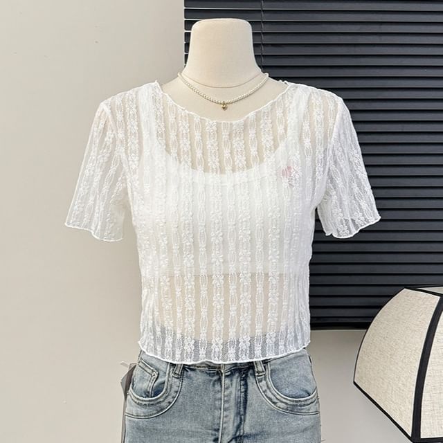Lemongrass-Short-Sleeve Sheer Lace Tee
