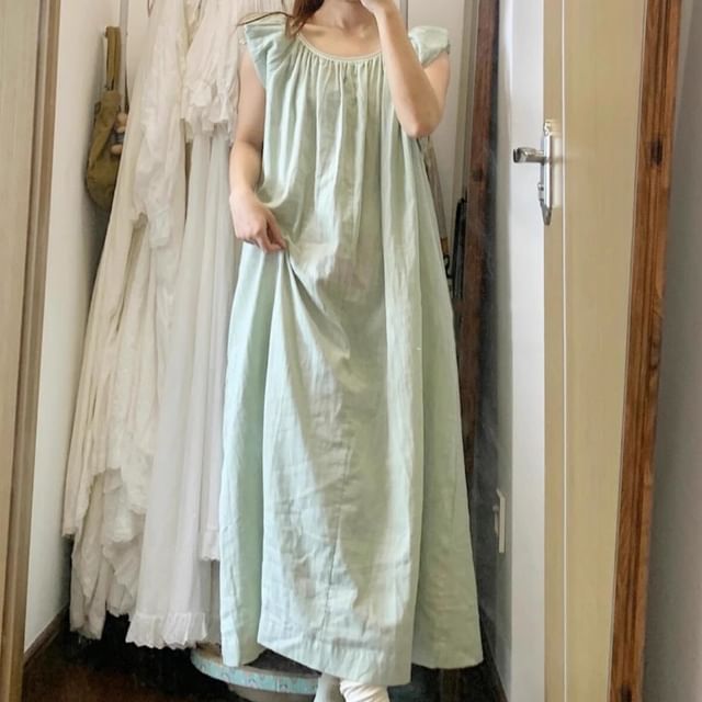 GOUB-Sleeveless U-Neck Plain Pajama Dress