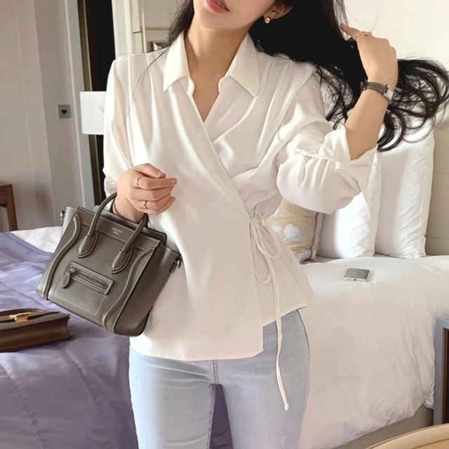 MIKIGA-Long-Sleeve V-Neck Plain Wrap Shirt