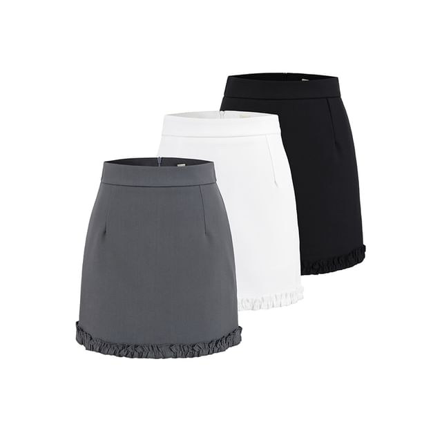 Ulark-High Waist Frill Trim Plain Mini Skirt