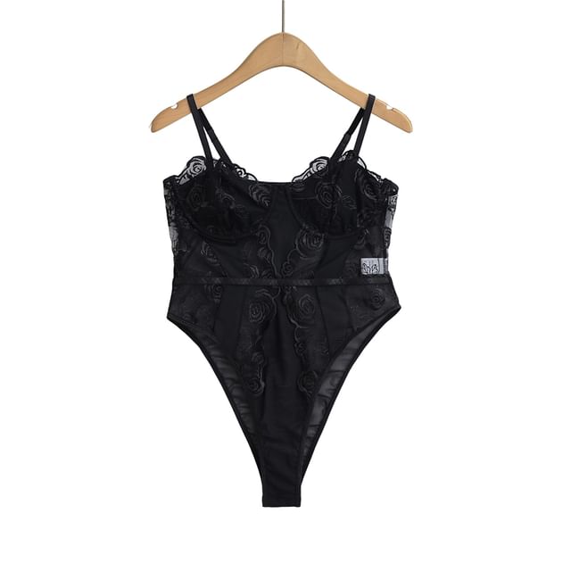 Ulark-Spaghetti Strap Lace Bodysuit Top