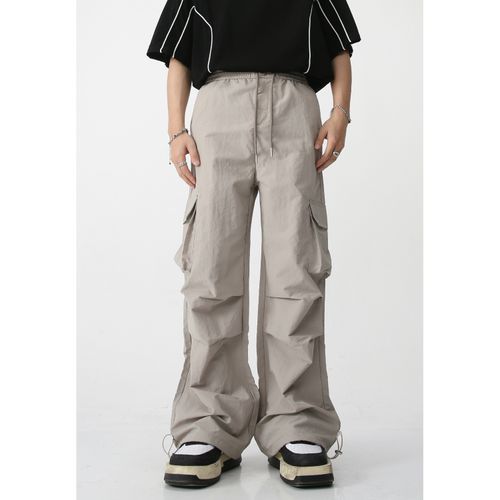 Drawstring Waist Plain Ruched Wide Leg Cargo Pants