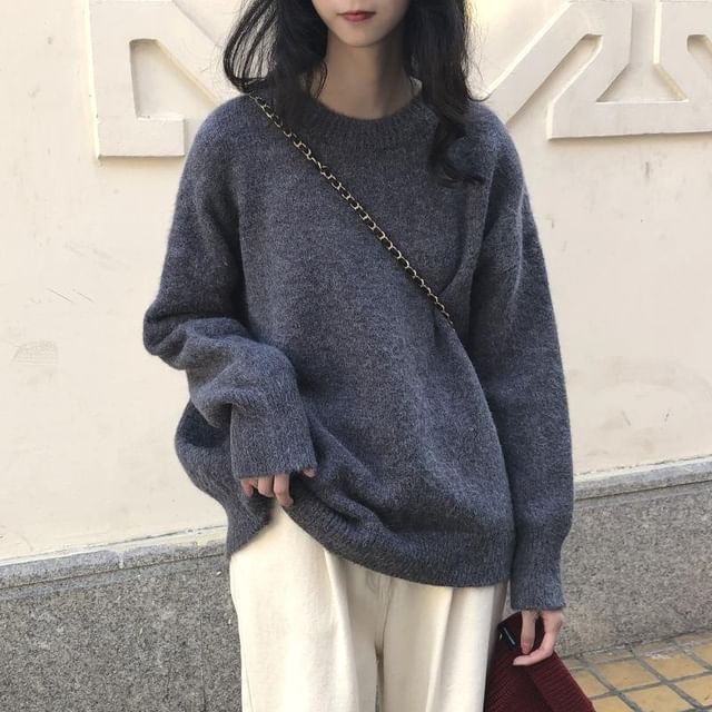 MIKIGA-Crewneck Plain Sweater