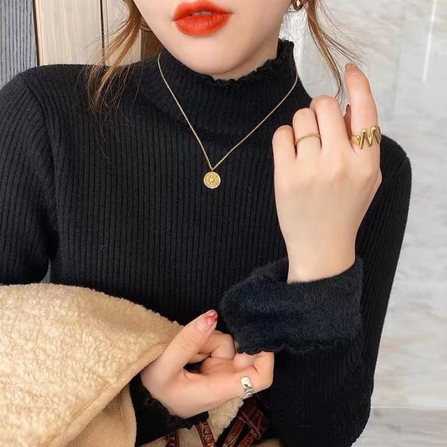 Inchioh-Turtleneck Plain Lettuce Edge Ribbed Sweater