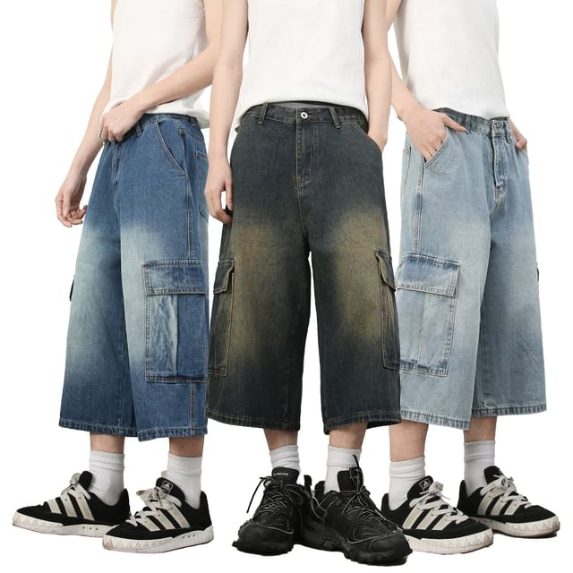 pinkdropper-Mid Rise Washed Cargo Jorts