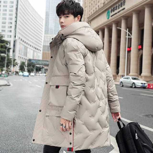 Bay Go Mall-Hooded Quilted Plain Long Coat