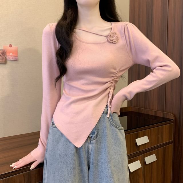 Shinsei-Long-Sleeve Scoop Neck Plain Asymmetrical Floral Accent Drawstring Slim Fit Knit Top