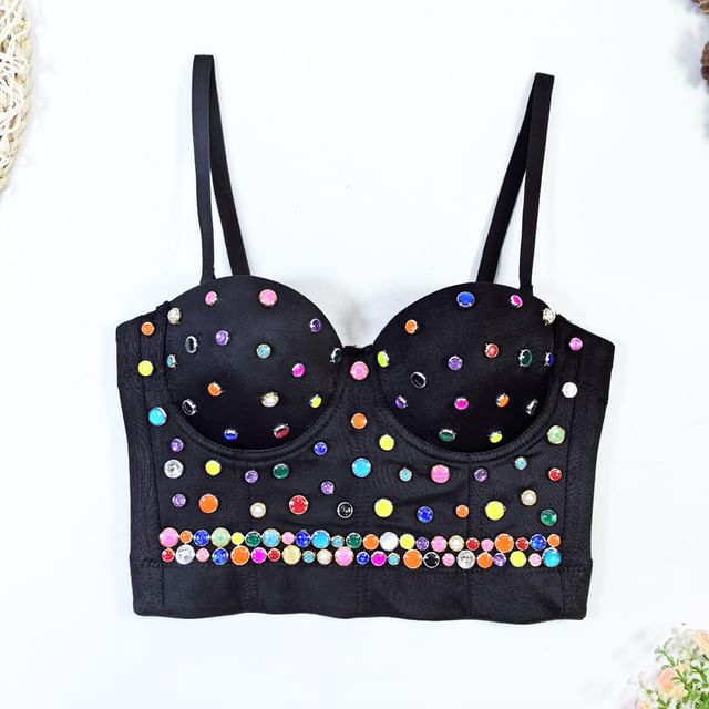 Doowex-Sweetheart Neck Rhinestone Crop Bustier Top