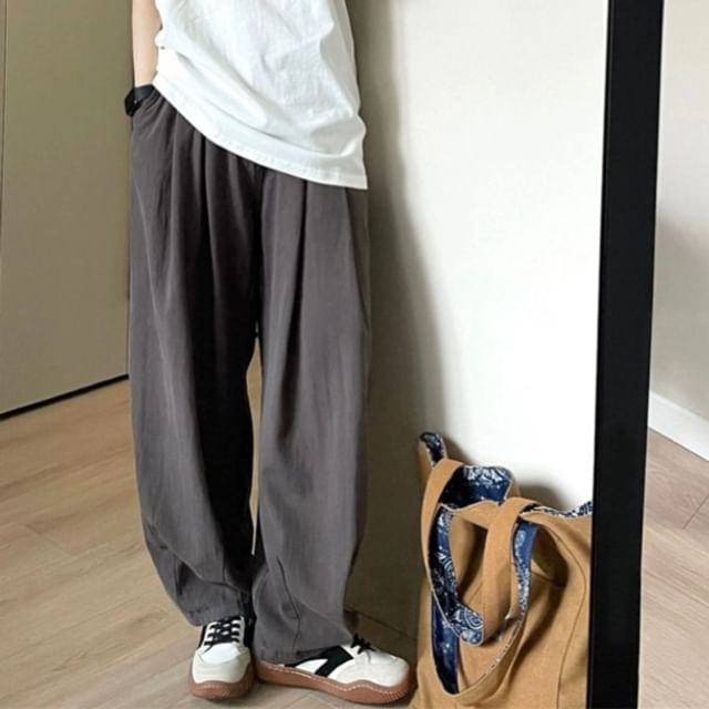 Shineon Studio-Mid Rise Plain Loose Fit Pants