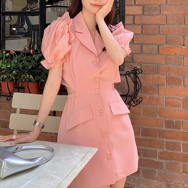Hulkoplein Puff-Sleeve Plain Cutout Ruffle Mini Blazer Dress