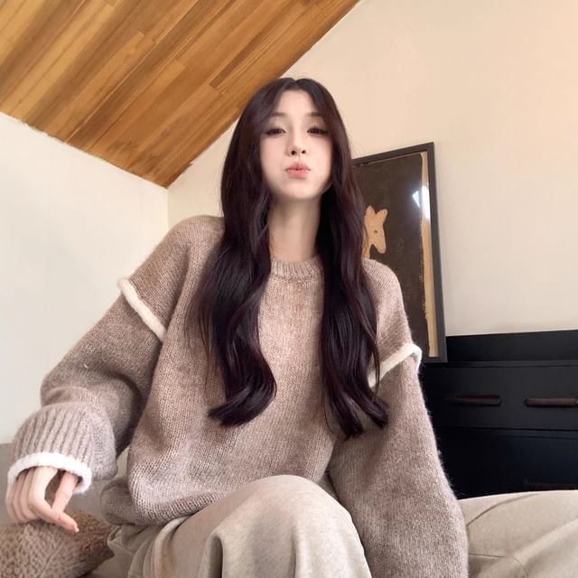 ANORA-Crew Neck Contrast Trim Oversized Sweater