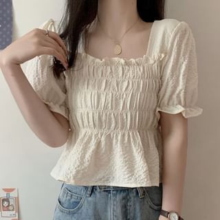 Sisyphi Puff-Sleeve Square Neck Plain Frill Trim Smocked Peplum Crop Blouse Sale