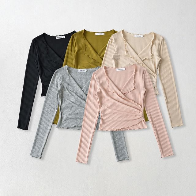 Asiris-Long Sleeve Ruffle V-Neck Plain Ribbed Crop Top