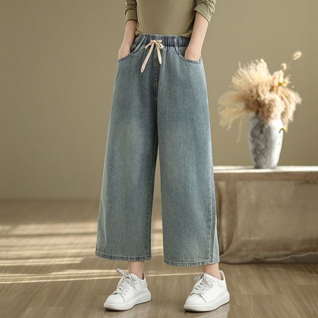 Lewwe-Drawstring Waist Washed Cropped Wide Leg Jeans