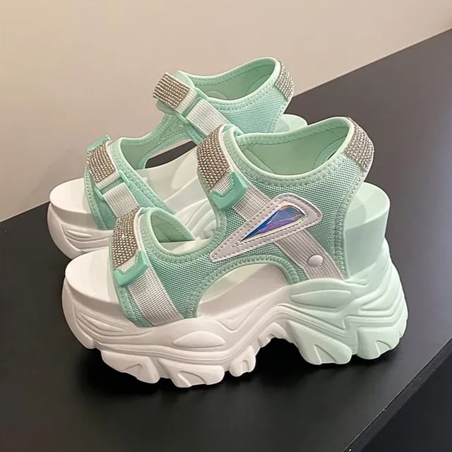 Sleeko-Rhinestone Platform Chunky Heel Sandals