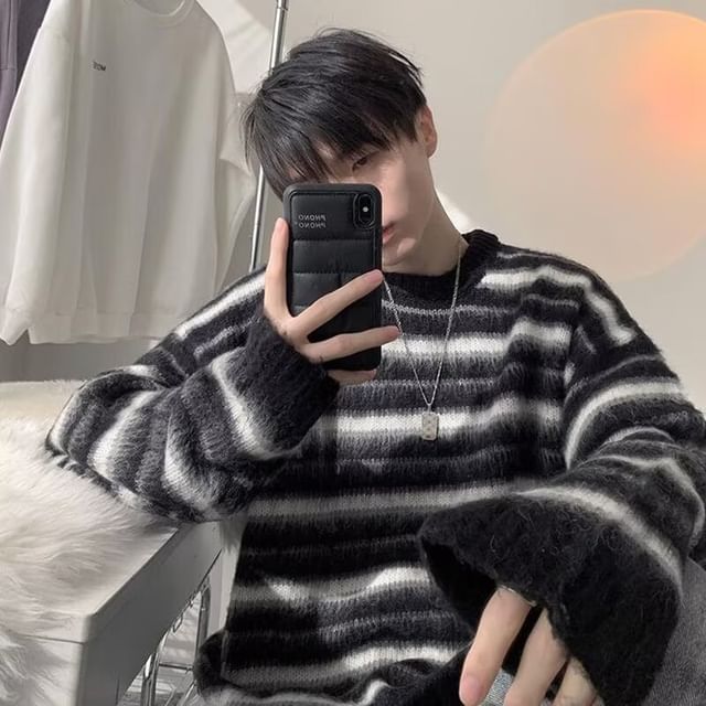 Urtishia-Crew Neck Striped Sweater