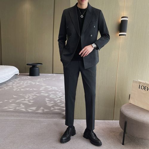Set: Peak Lapel Plain Double-Breasted Blazer + Cropped Tapered Pants