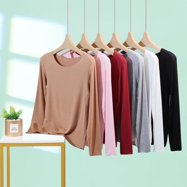 KUMI-Long-Sleeve Round Neck Plain T-Shirt
