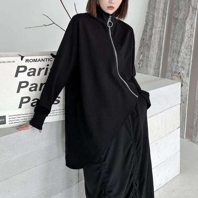 KUMI-Stand Collar Plain Zip Jacket
