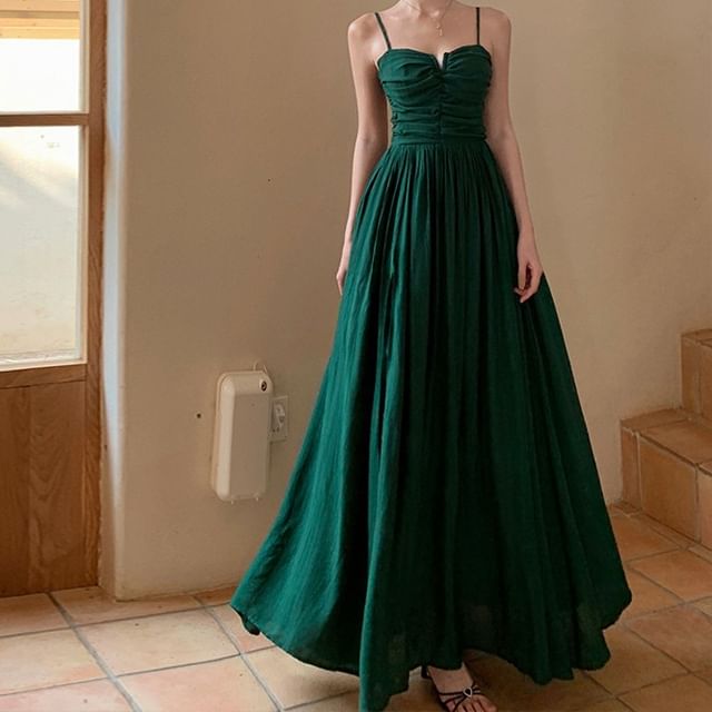 Morning Glory-Spaghetti Strap Notch Neck Plain Ruched Open Back Slit Maxi A-Line Dress