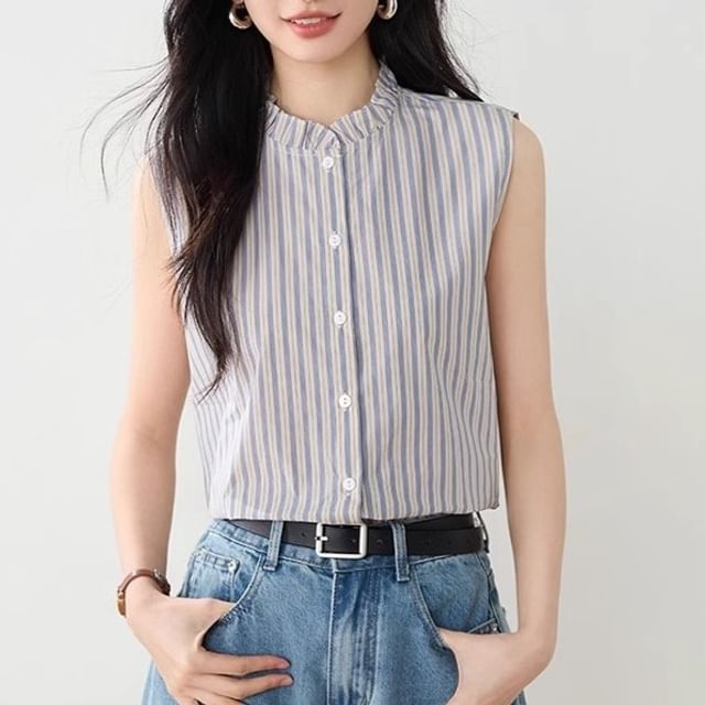 Dragan Pulse-Sleeveless Stand Collar Striped Frill Trim Button-Up Blouse