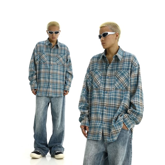 Meiksip-Long-Sleeve Collared Plaid Shirt