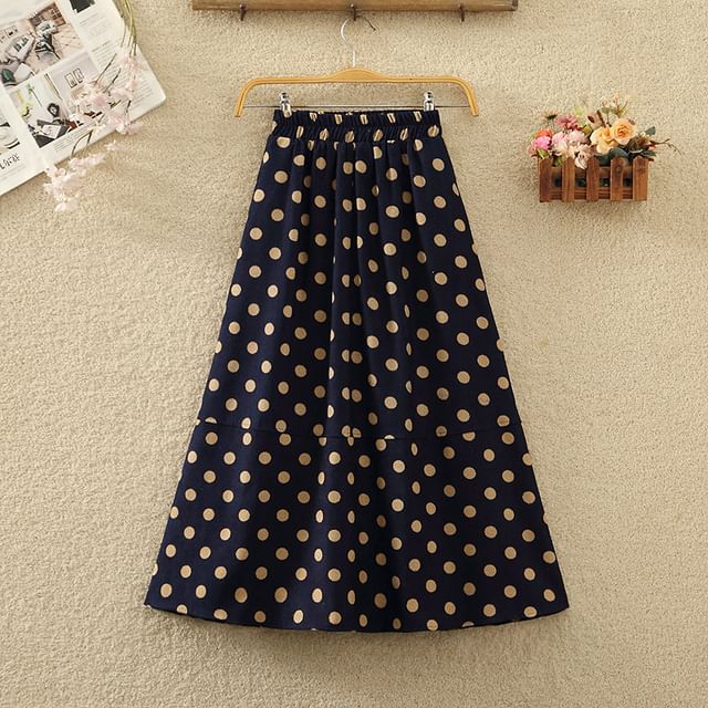 Lacyland - Elastic Waist Dotted Corduroy Midi A-Line Skirt